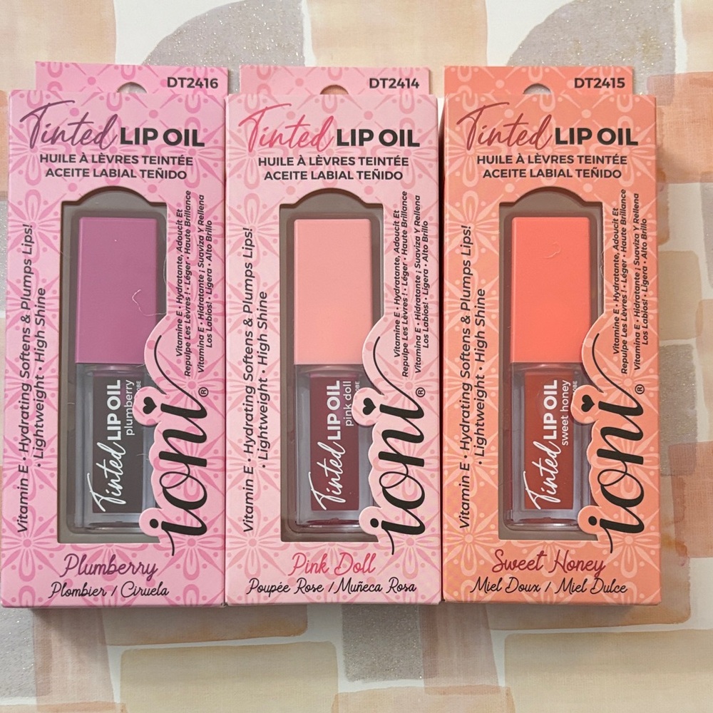 Icon Tinted Lip Oil Trio - Plumberry Purple, Pink Doll, Sweet Honey